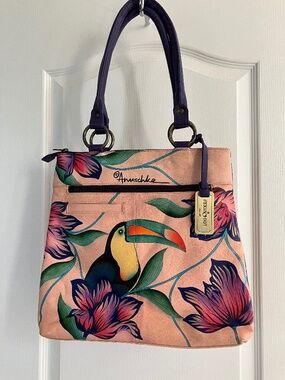 ANUSCHKA Tropical Toucan Shopper Hand Painted Signed Leather Shoulder Bag